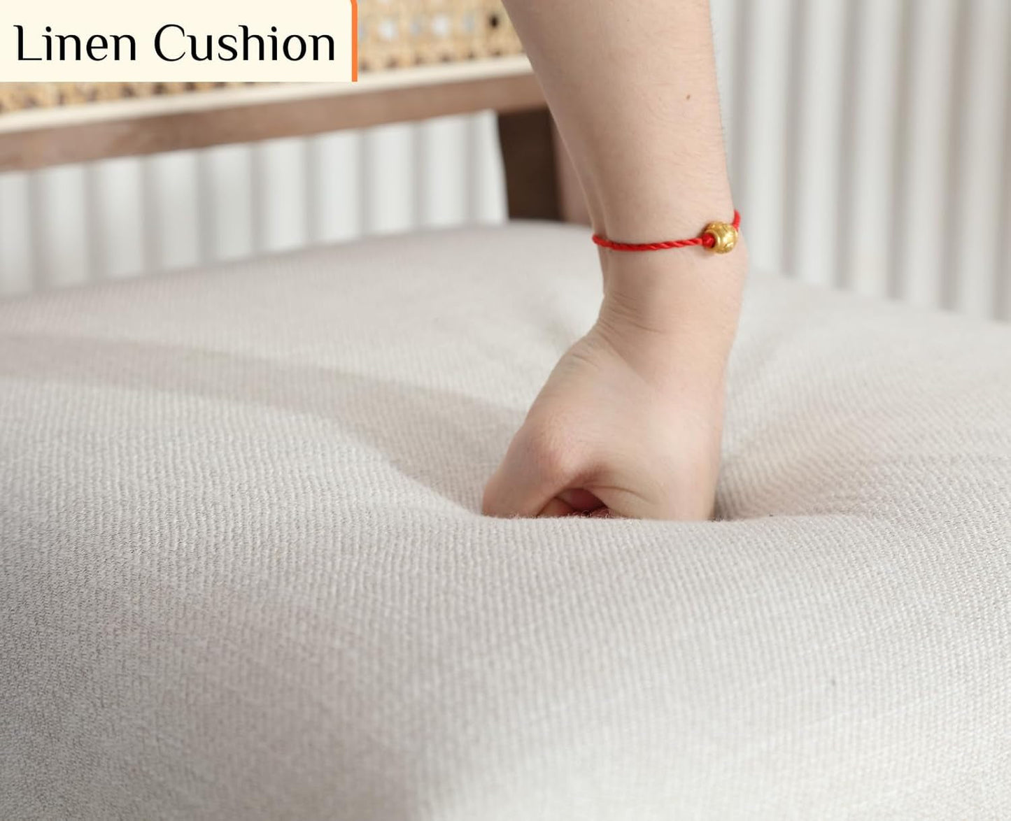 Counter Height Bar Stools Set of 2 Farmhouse Barstools with Rattan Back Linen Upholstered Bar Chairs Mid Century Wood Breakfast Bar Stool Chairs for Kitchen Island, 30 Inch Beige-3