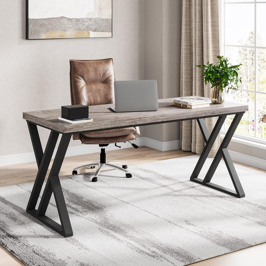 55 Inch Large Simple Industrial Computer Desk Study Writing Table Home Office Workstation,Grey-1
