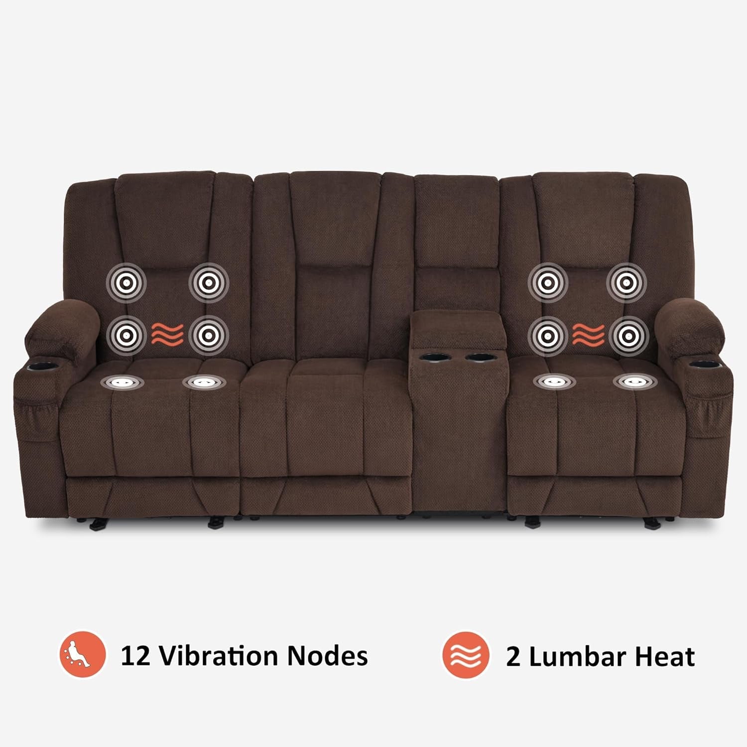 Power Reclining Sofa with Heat and Vibration,Usb Ports, Cup Holders,3-Seat Dual Recliner Sofa with Console for Living Room 6035 (Brown)-3