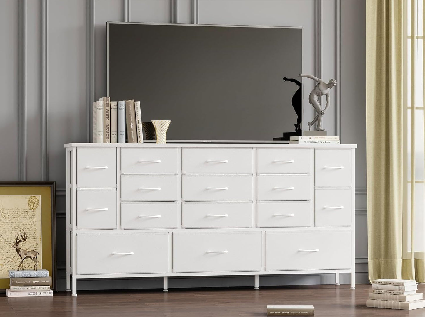 63.3 Inch Long Bedroom Dressers with Drawers Large Cabinet with Power Outlets Bedroom TV Stand with Storage, Fabric Dresser for Girl Bedroom with 16 Drawers, White-2