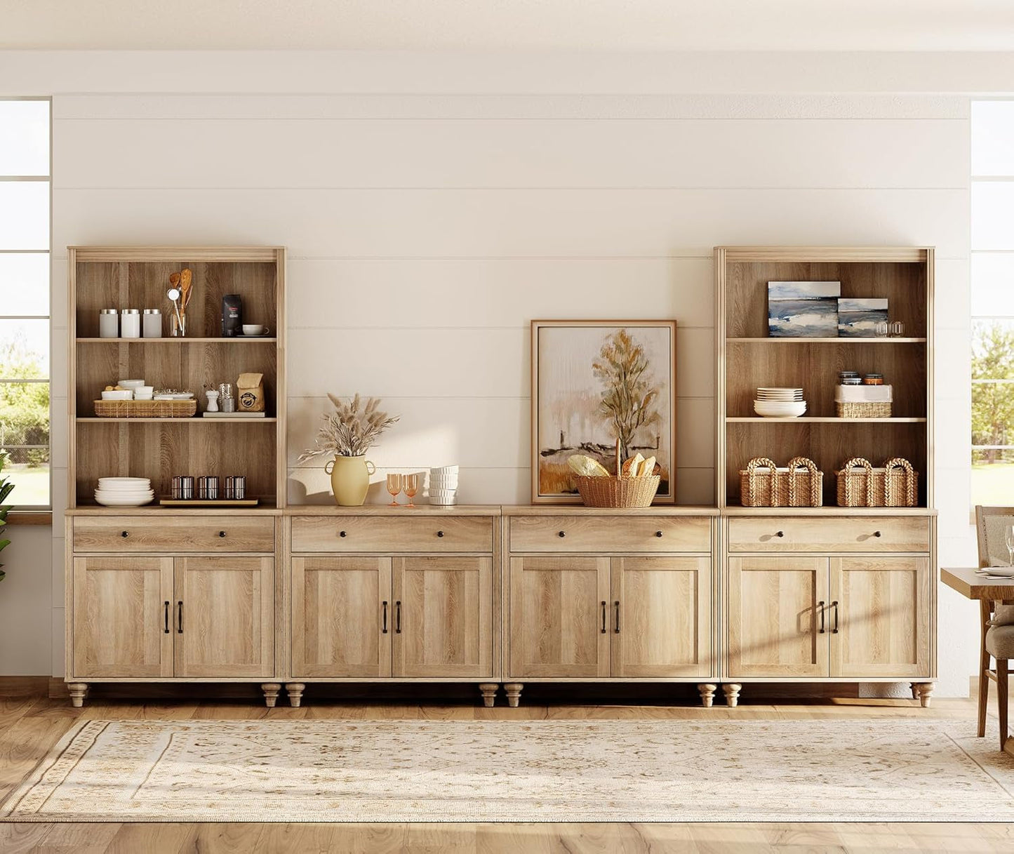 Entertainment Center with Bookshelves for Tvs up to 75", Farmhouse Wall Unit TV Stand with 8 Doors & 4 Drawer, Media Console Table for Living Room, Bedroom & Home Theater, Oak-1