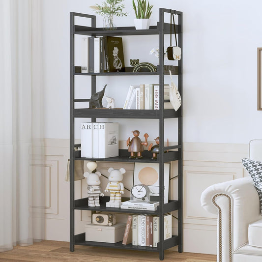 6 Tier Bookshelf, Adjustable Industrial Bookcase, Vertical Tall Book Shelf, Wood and Black Metal Open Bookshelves for Home Office, Living Room, Bedroom, 70 Inch-1