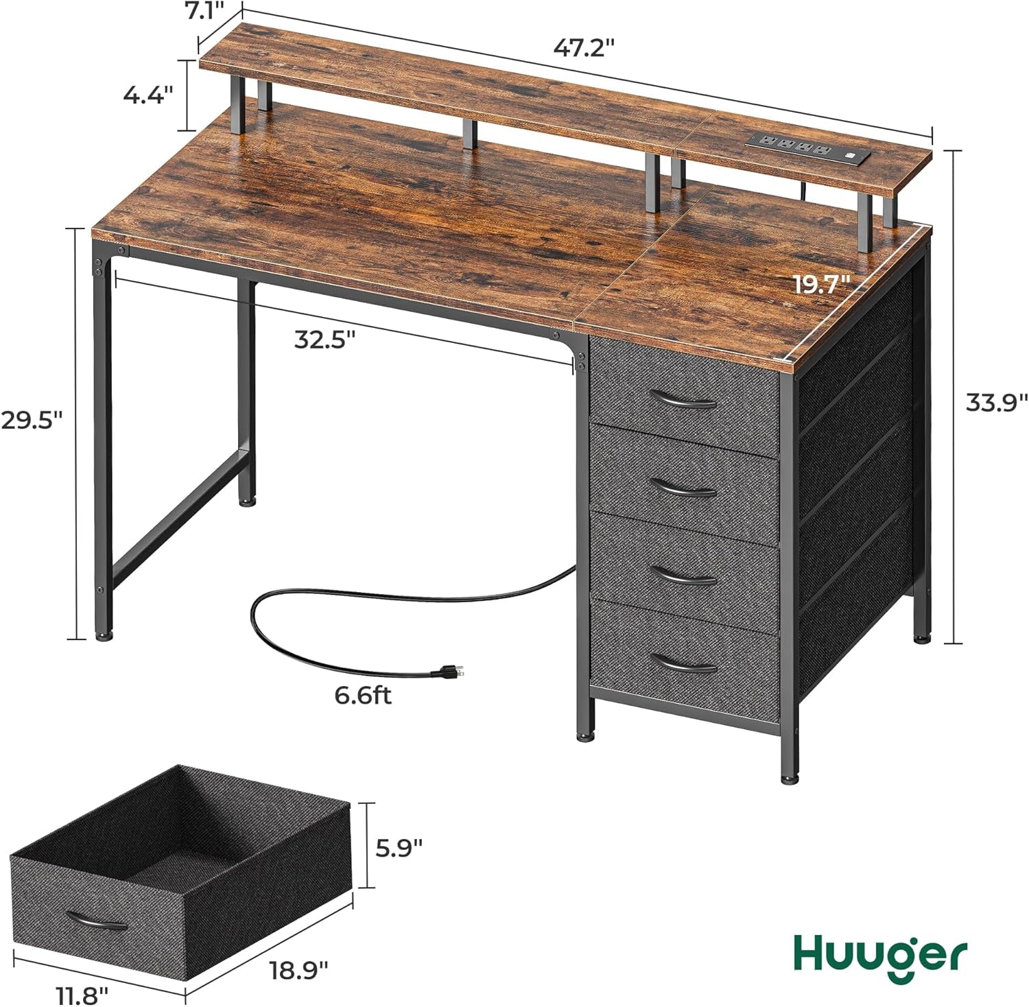 47 Inch Computer Desk with Power Outlets and LED Lights, Gaming Desk with 4 Drawers, Office Desk with Monitor Stand, Study Desk Work Desk for Home Office, Small Spaces, Rustic Brown-1