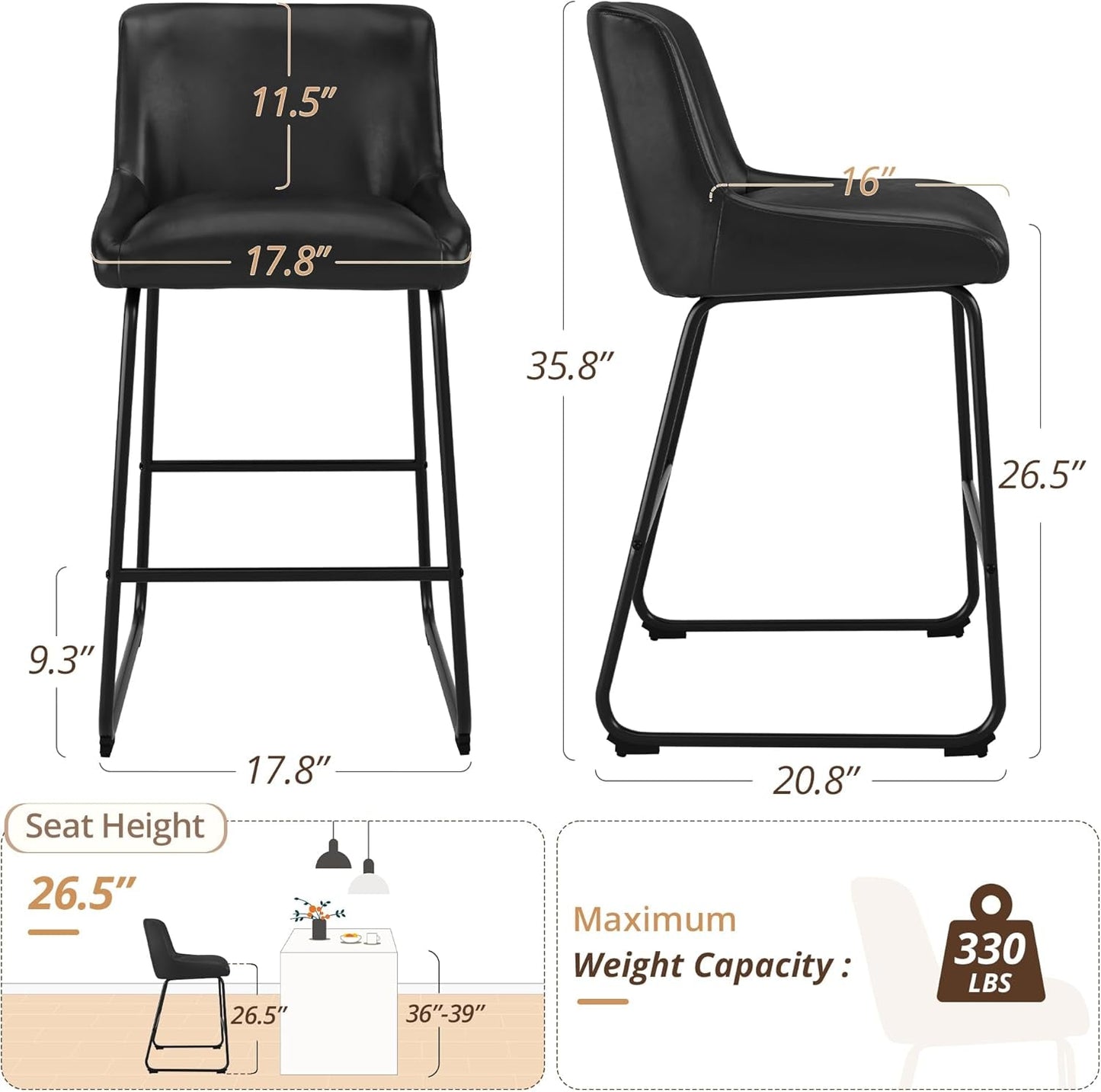 26 Inch Bar Stools Set of 3, Faux Leather Upholstered Barstools, Counter Height Bar Stools with Back, Comfortable Bar Chairs, Modern Counter Stools for Kitchen Counter Island-1