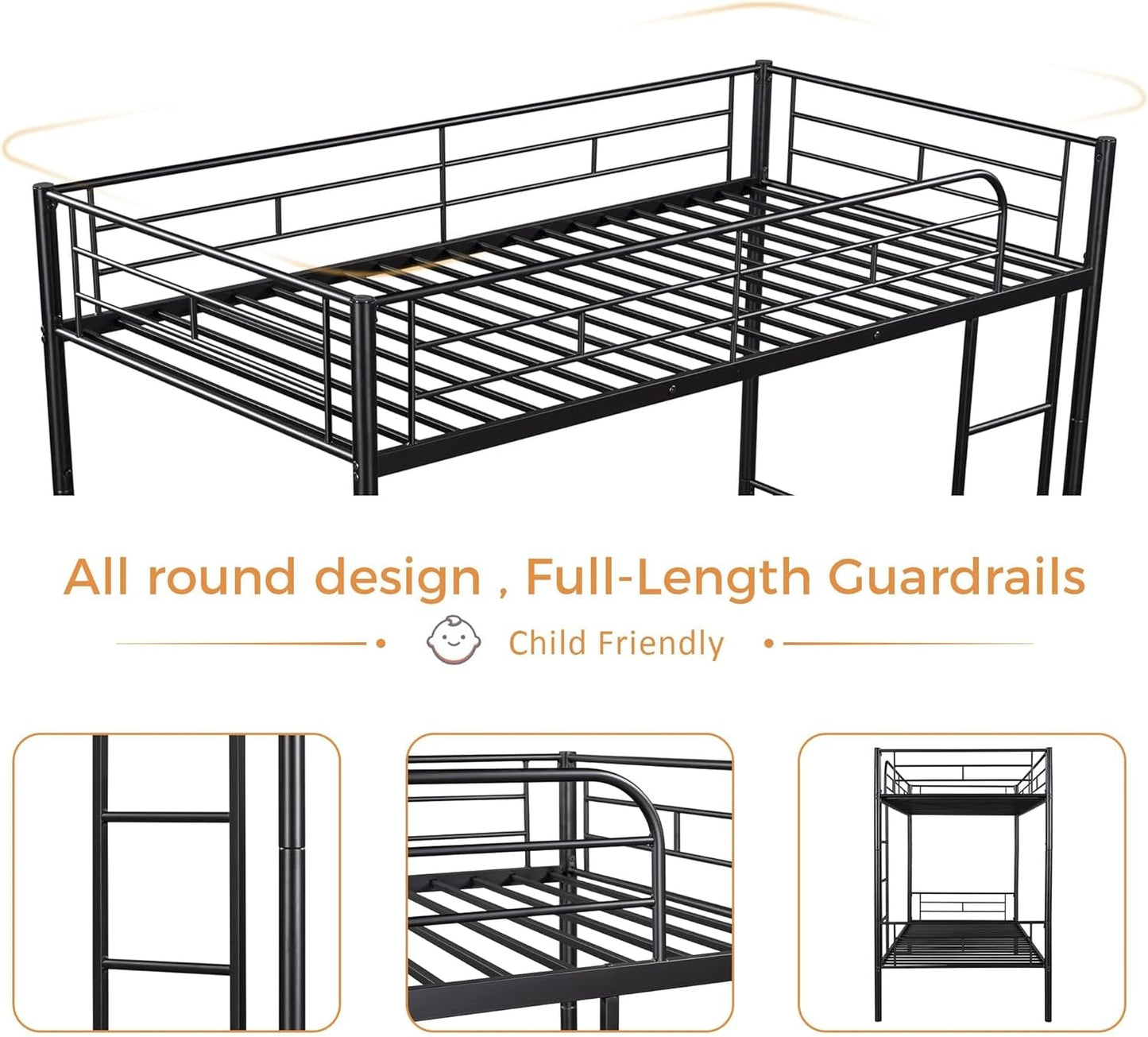Bunk Bed with Ladder and High Guardrail, Able to Split, Metal Bunk Bed, Storage Space, Noise Free,Twin over Twin Size Bunk Bed,Black-3