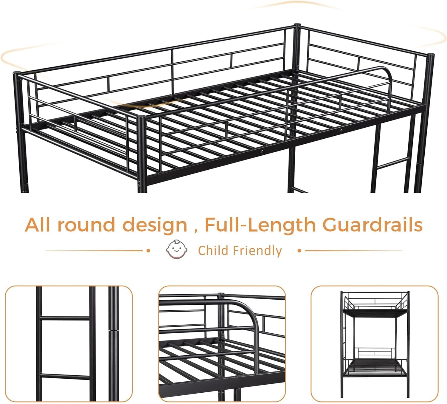 Bunk Bed with Ladder and High Guardrail, Able to Split, Metal Bunk Bed, Storage Space, Noise Free,Twin over Twin Size Bunk Bed,Black-3
