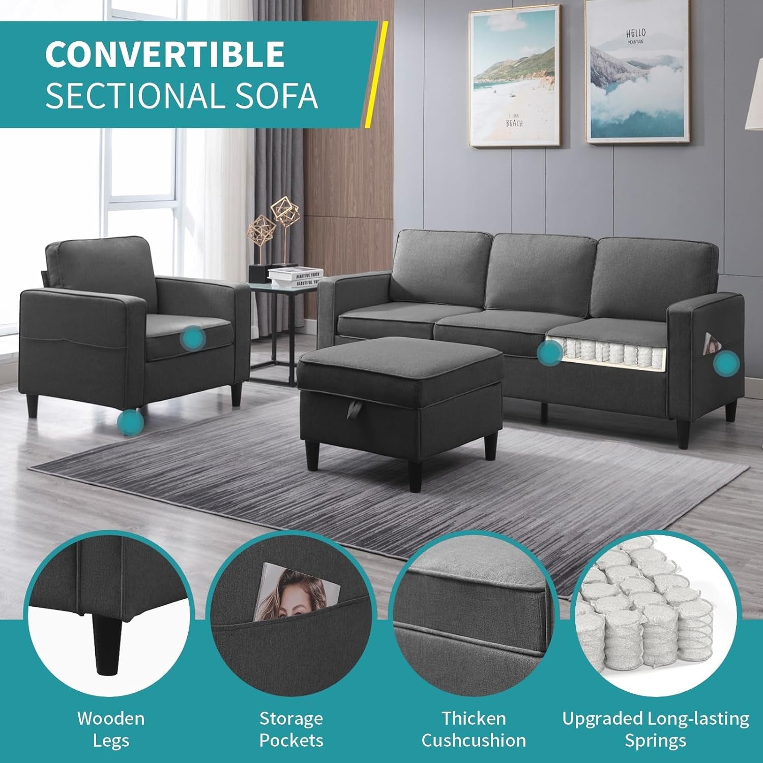 78" W Sectional Couches for Living Room, Linen L-Shaped Sofa with Storage Ottoman and Armchair, 3 Seater Sofa with Ottoman and Accent Chair Couch Furniture Set for Office/Apartment-1