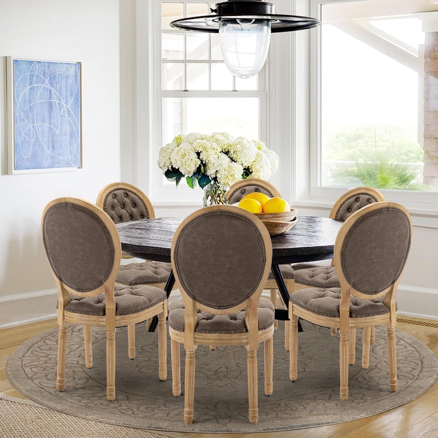 PU Leather Upholstered Dining Chairs Set of 6 French Country round Back Kitchen Side Chairs with Nailhead Trim and Wood Legs for Dining Room, Kitchen, Restaurant(Brown)-1