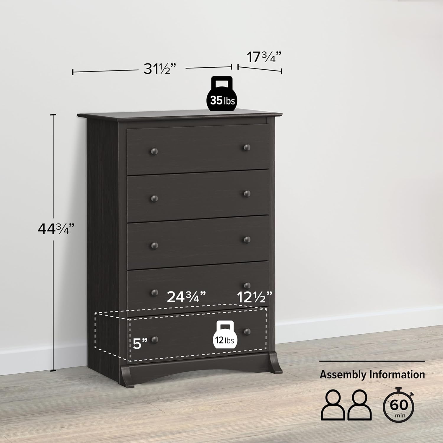 Sonoma Traditional 5-Drawer Tall Dresser for Bedroom, Functional Bedroom Dresser Chest of Drawers 17.75" D X 31.5" W X 44.75" H, Washed Black-2