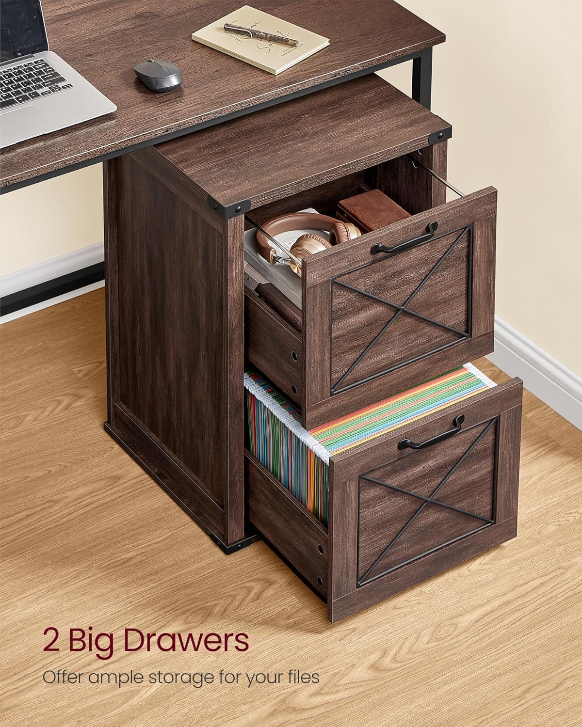File Cabinet, Filing Cabinet with 2 File Drawers, Printer Stand, Fit A4, Letter Size, Hanging File Folders, Modern Farmhouse Style, for Home Office, Maroon Brown UOFC048K01-3