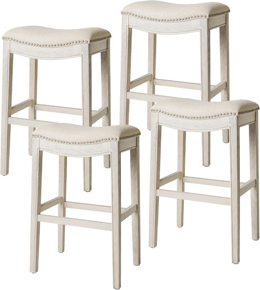Adrien 31 Inch Bar Height Upholstered Backless Saddle Barstool in White Oak Finish with Natural Color Fabric Cushion Seat, Set of 4-0