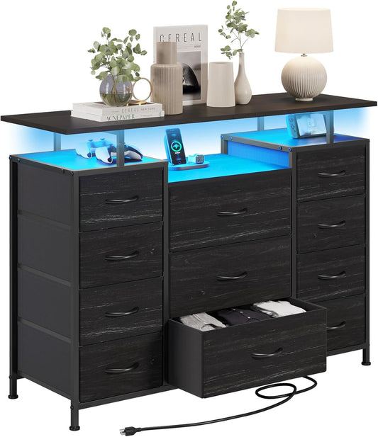 11 Drawers Dresser with Fabric Drawers,Charging Station, LED Lights and Shelves for Bedroom, Living Room, Hallway, Nursery Storage Organization (Black Wood Veins)-0