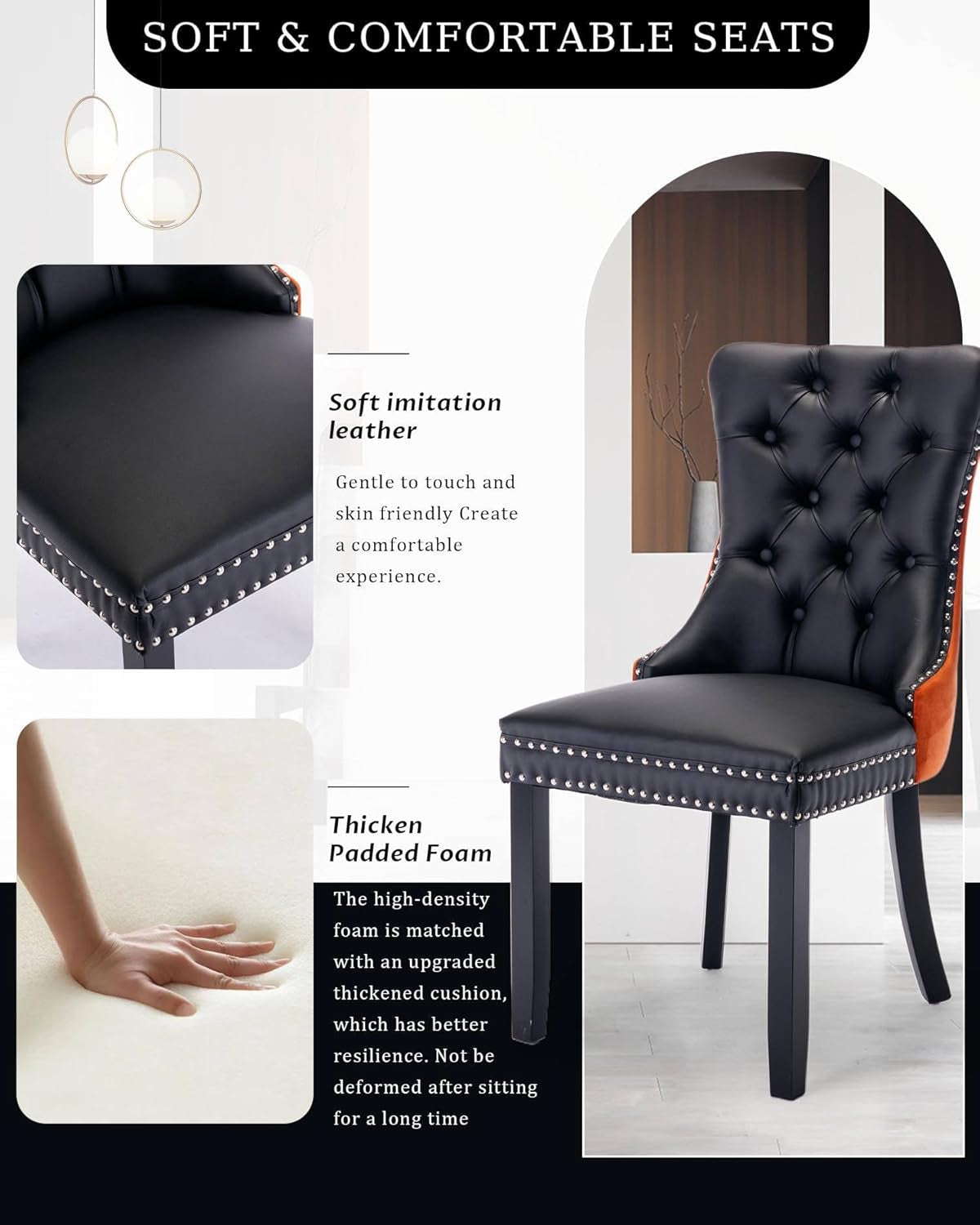 Leather Dining Chair Set of 2 Upholstered Tufted Dining Room Chair with Nailhead Trim and Solid Wood Legs for Kitchen, Restaurant, Black&Orange-2