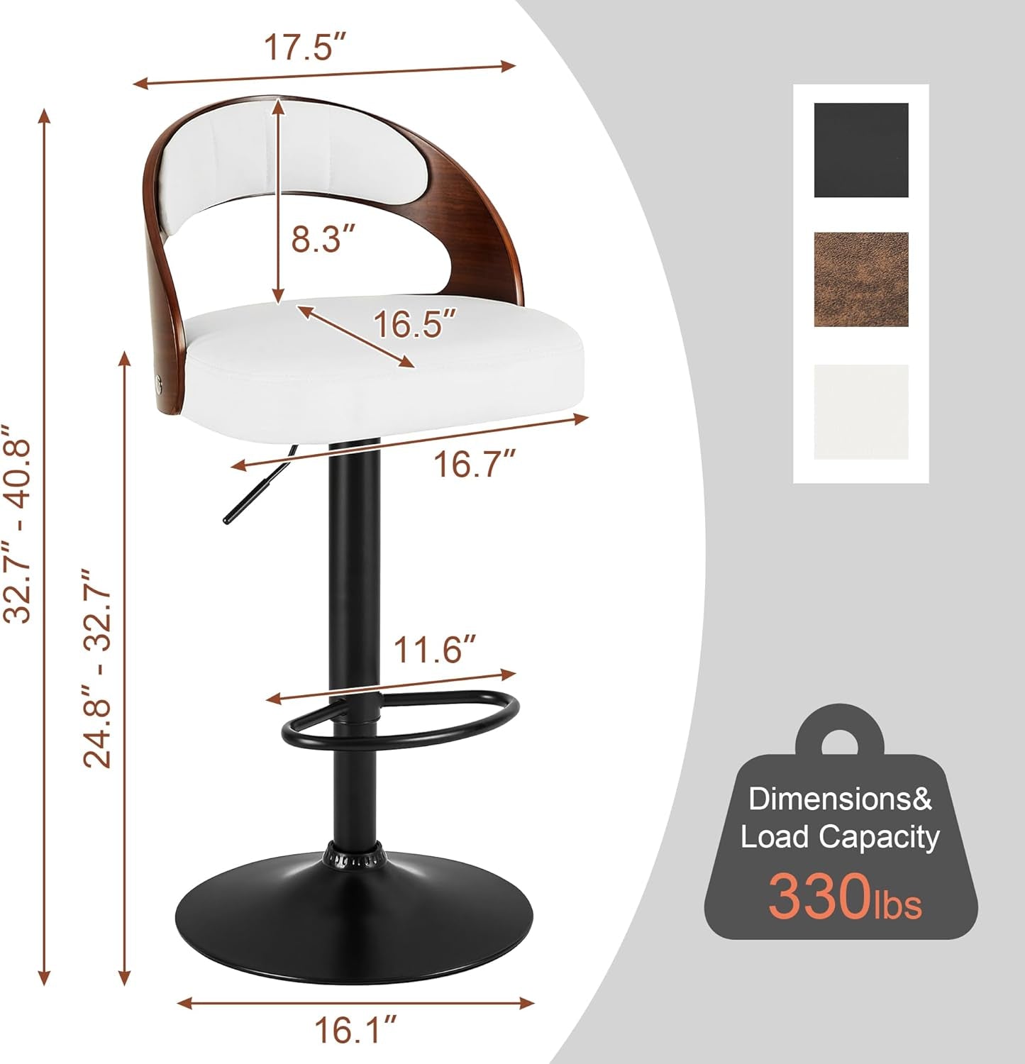 Bar Stool Set of 2, Counter Height Stools with Bentwood Back,Arm&Footrest, PU Leather Cushion Seat Adjustable Height Swivel Barstools for Club Pub,Kitchen Island and Dining Room,Creamy White-1