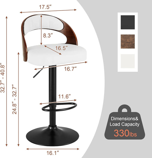 Bar Stool Set of 2, Counter Height Stools with Bentwood Back,Arm&Footrest, PU Leather Cushion Seat Adjustable Height Swivel Barstools for Club Pub,Kitchen Island and Dining Room,Creamy White-1