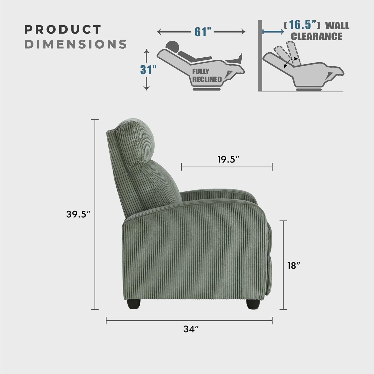Pushback Recliner Chair Armchair Push Back Recliner, Corduroy Chair with Solid Wood Frame and Metal Seat Base, Single Sofa Accent Chair for Living Room/Office/Apartment, Green-3