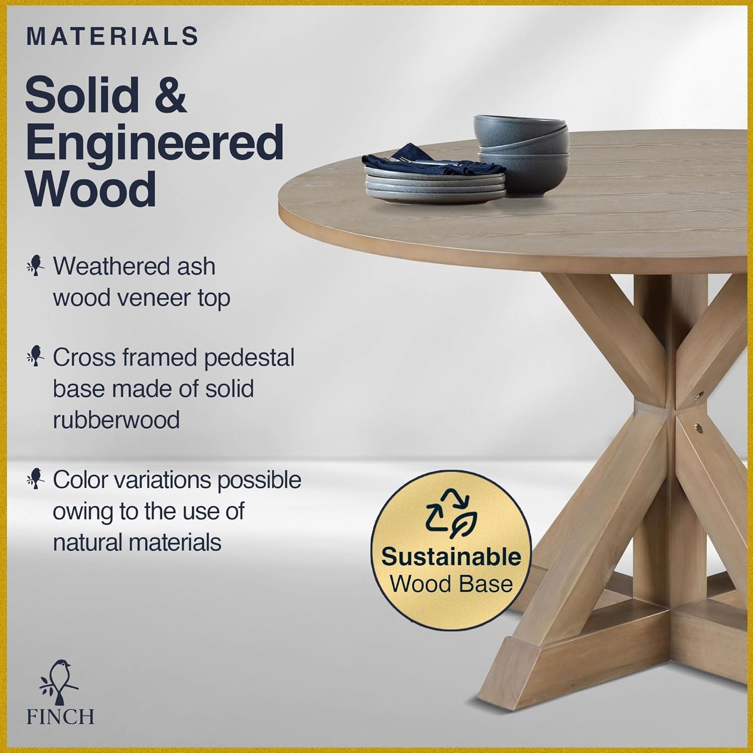 Alfred round Solid Wood Rustic Dining Table for Farmhouse Kitchen Room Decor, Wooden Trestle Pedestal Base, 46.5" Wide Circular Tabletop, Distressed Beige, 47 in X 47 in X 29.2 In-3