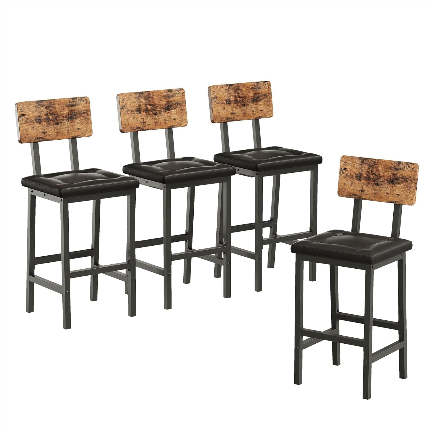 Bar Stools Set of 4, 16.5In Square PU Upholstered Barstools with Back and Footrest, Thick Cushion Stools for Kitchen Island for Dining Room Kitchen Counter Bar, Rustic Brown and Black-0