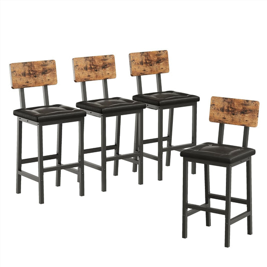 Bar Stools Set of 4, 16.5In Square PU Upholstered Barstools with Back and Footrest, Thick Cushion Stools for Kitchen Island for Dining Room Kitchen Counter Bar, Rustic Brown and Black-0