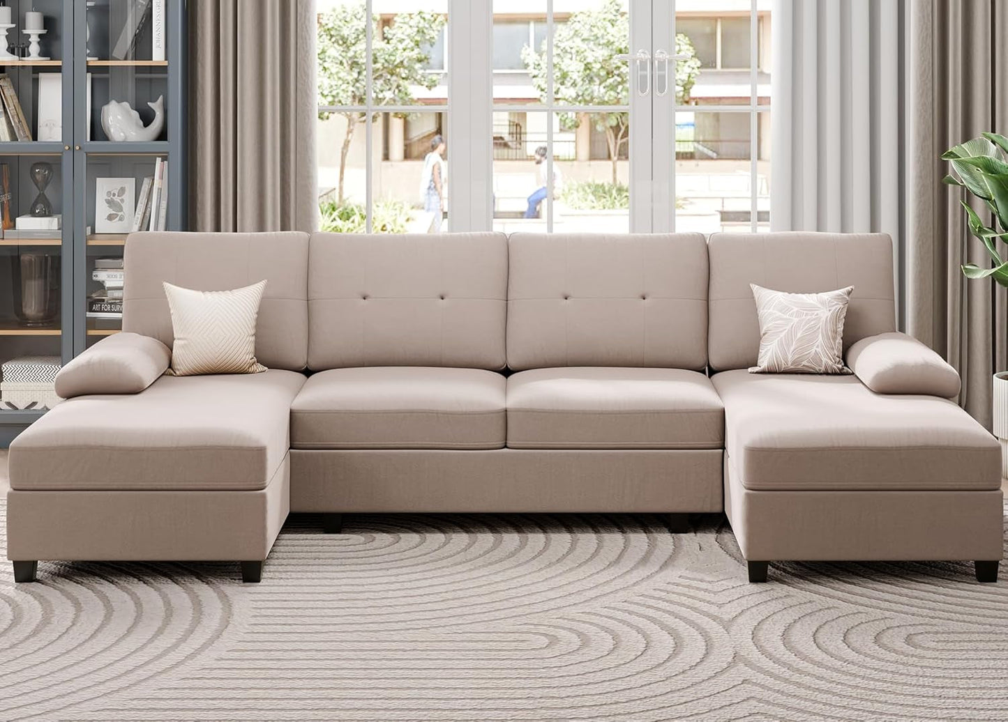 Sectional Sofa Couches for Living Room, U Shaped Sofa Living Room Furniture Sets, 4 Seat U Shaped Sofa Sectional Couch with Chaise, Dark Beige-3