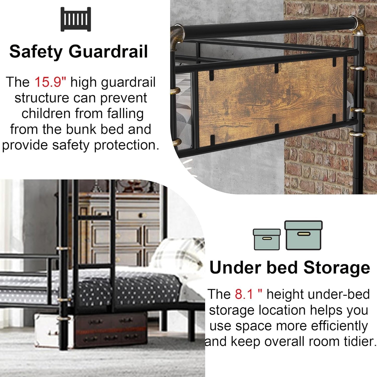 Quad Bunk Bed, Heavy Duty Metal 4 Bunk Beds for Kids with Ladders, Detachable Industrial L-Shaped Bunk Beds, Space Saving Design,Can Be Divided into 3 Twin Beds, Black-3