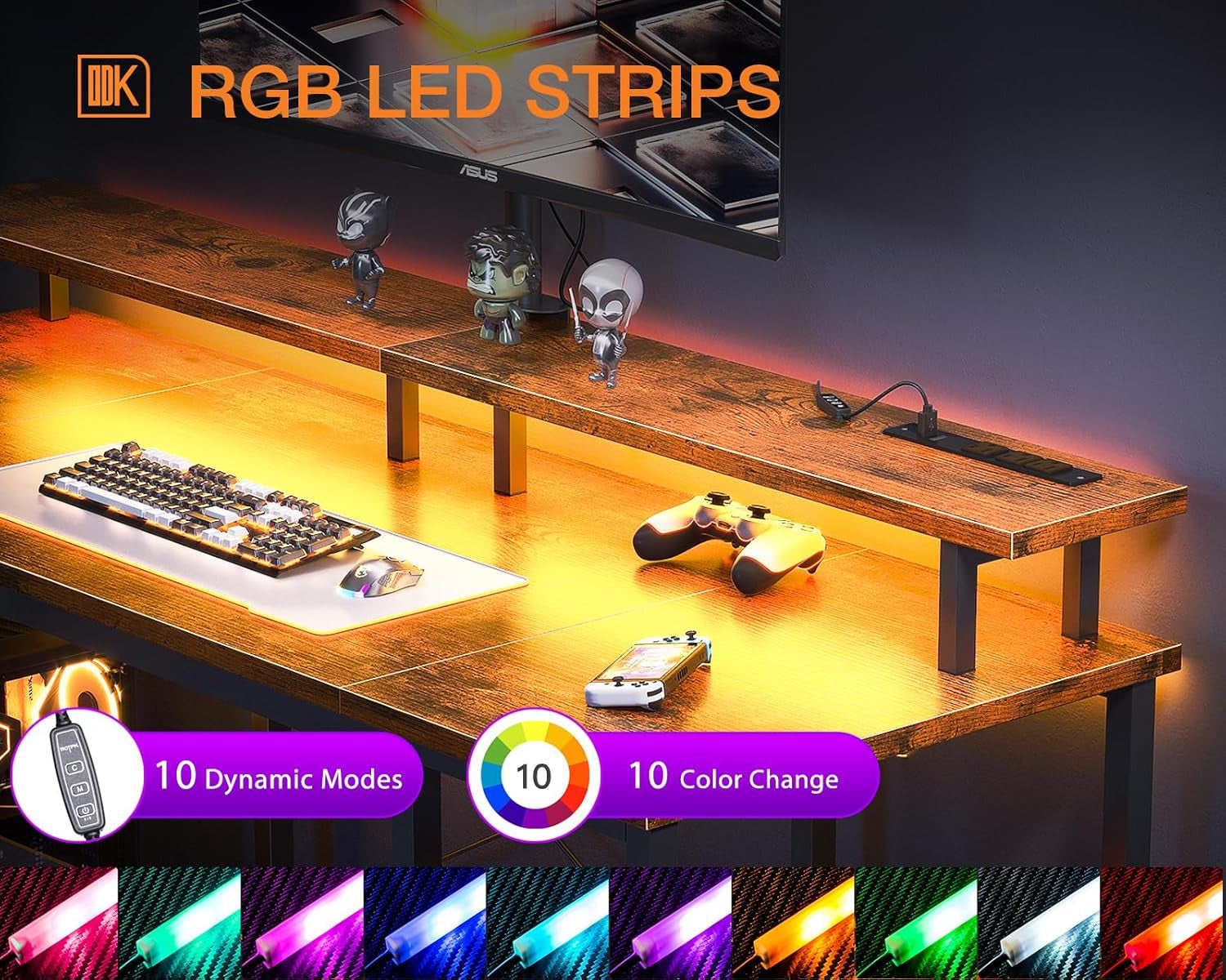 48 Inch Gaming Desk with LED Lights & Power Outlets, Computer Desk with Monitor Stand & Storage Sheves, CPU Stand, Home Office Desk, Vintage-3