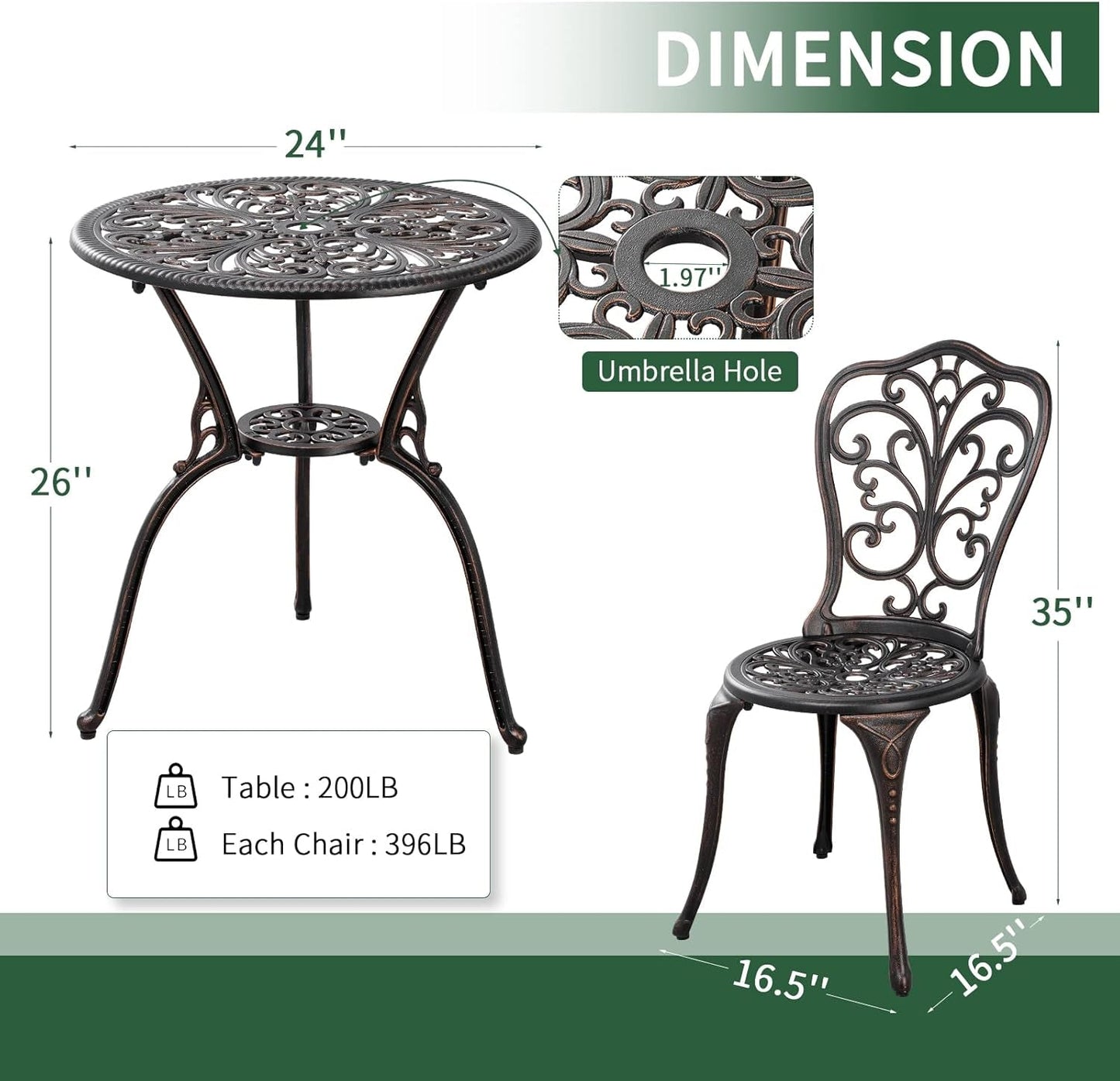3 Piece Patio Set Outdoor Bistro Set,Cast Aluminum Bistro Table and Chairs Set of 2 with Umbrella Hole,All Weather Patio Bistro Sets for Front Porch Set Garden,Backyard(Brown)-4