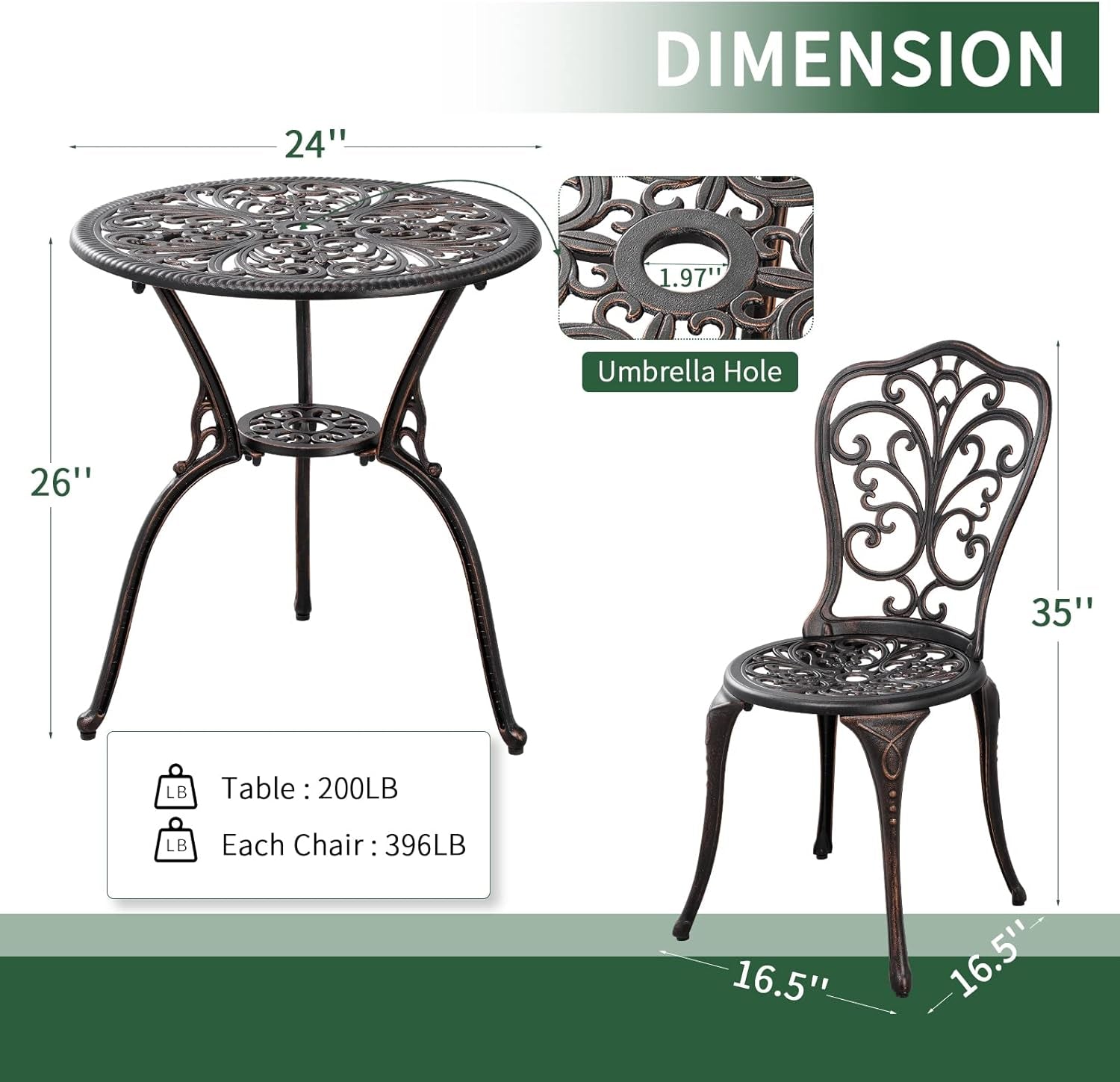 3 Piece Patio Set Outdoor Bistro Set,Cast Aluminum Bistro Table and Chairs Set of 2 with Umbrella Hole,All Weather Patio Bistro Sets for Front Porch Set Garden,Backyard(Brown)-4