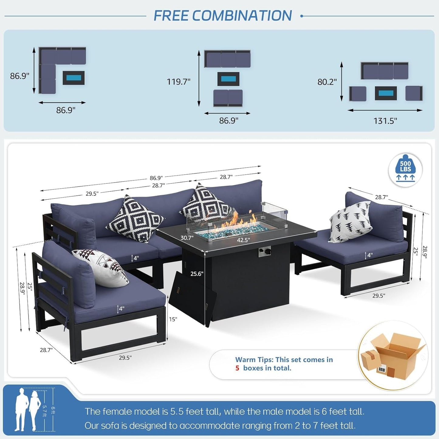 ® Modern Large Grey Aluminum Outdoor Patio Furniture Set with Propane/Natural Gas Fire Pit Table, 29'' Deep Wide Seating Conversation Sofa L Shaped Sectional Couch Set (6 Pieces, 5 Seats)-3