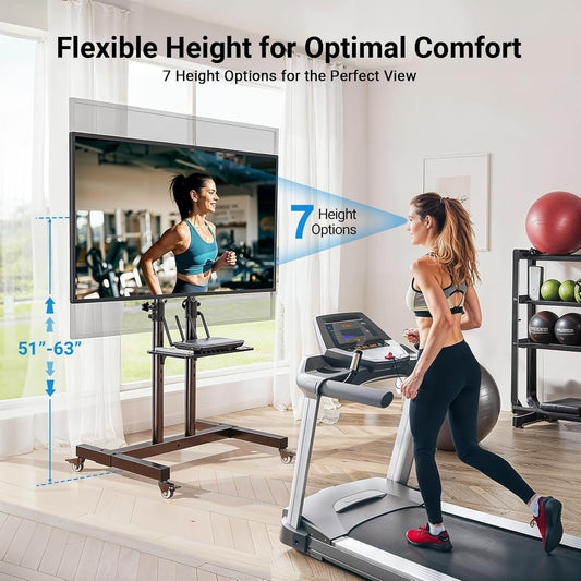 Rolling TV Stand on Wheels for 32-83 Inch Screens up to 110Lbs, Mobile TV Cart Height Adjustable Portable Outdoor TV Stand Tilt Rolling TV Cart with Shelf Max VESA 600X400Mm PSTVMC03-1