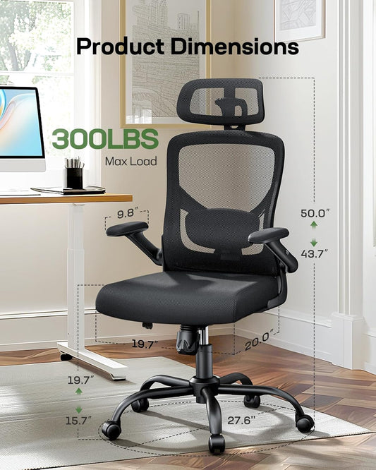 Ergonomic Mesh Office Chair High Back Desk Chair Adjustable Lumbar Support with Headrest Flip-Up Liftable Arms Swivel Computer Task Chair for Big and Tall People-1