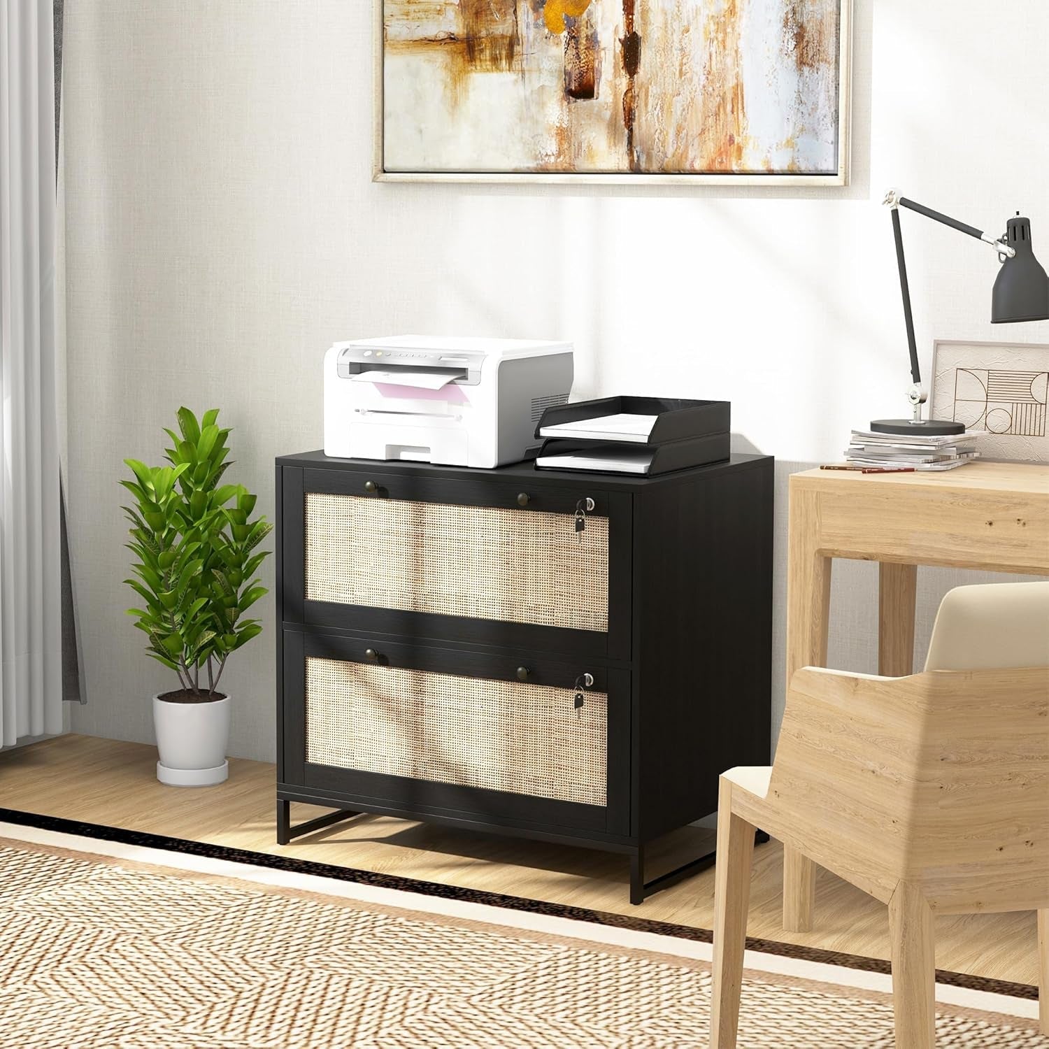 2 Rattan Drawer File Cabinet with Lock, Lateral Filing Cabinet with Adjustable Hanging Bar for Letter, A4 and Legal Size Files, Printer Stand for Home Office, Black-1