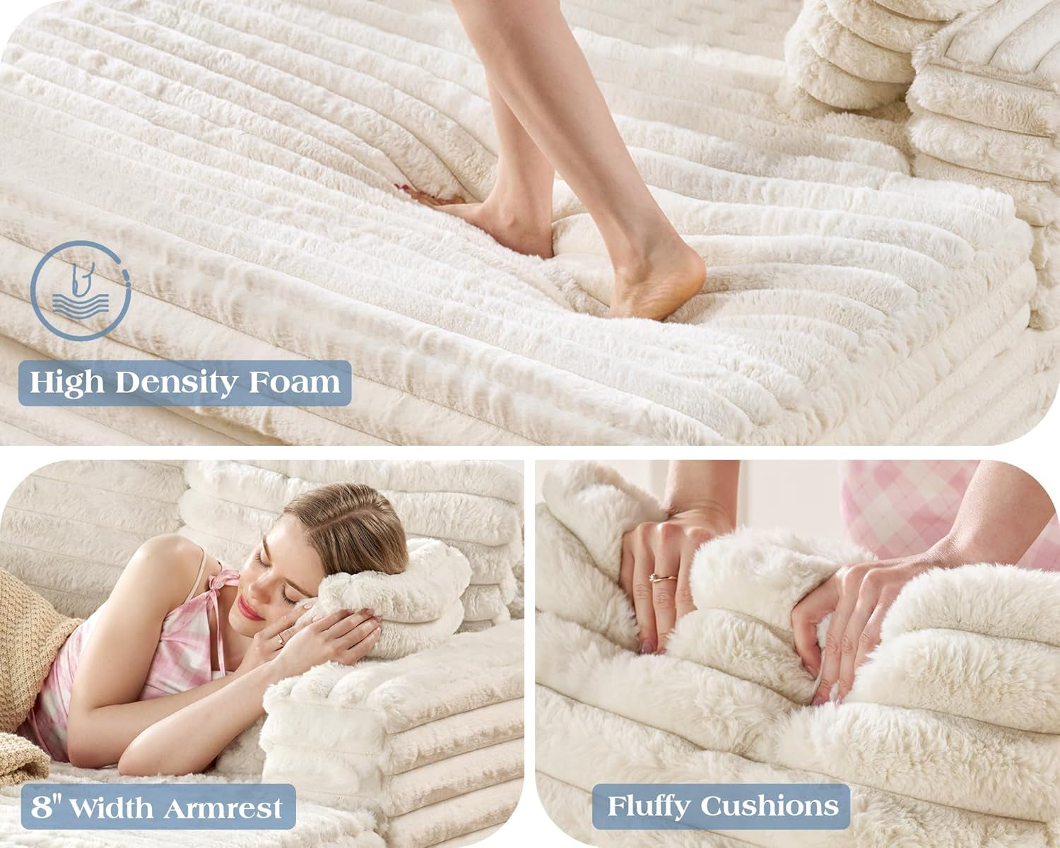 53.5 Inch Chaise Lounge Indoor, Upholstered Sofa Bed with Throw Pillows and Armrests, Sleeper Chair- Plush Chair Bed for Living Room, Off-White-2