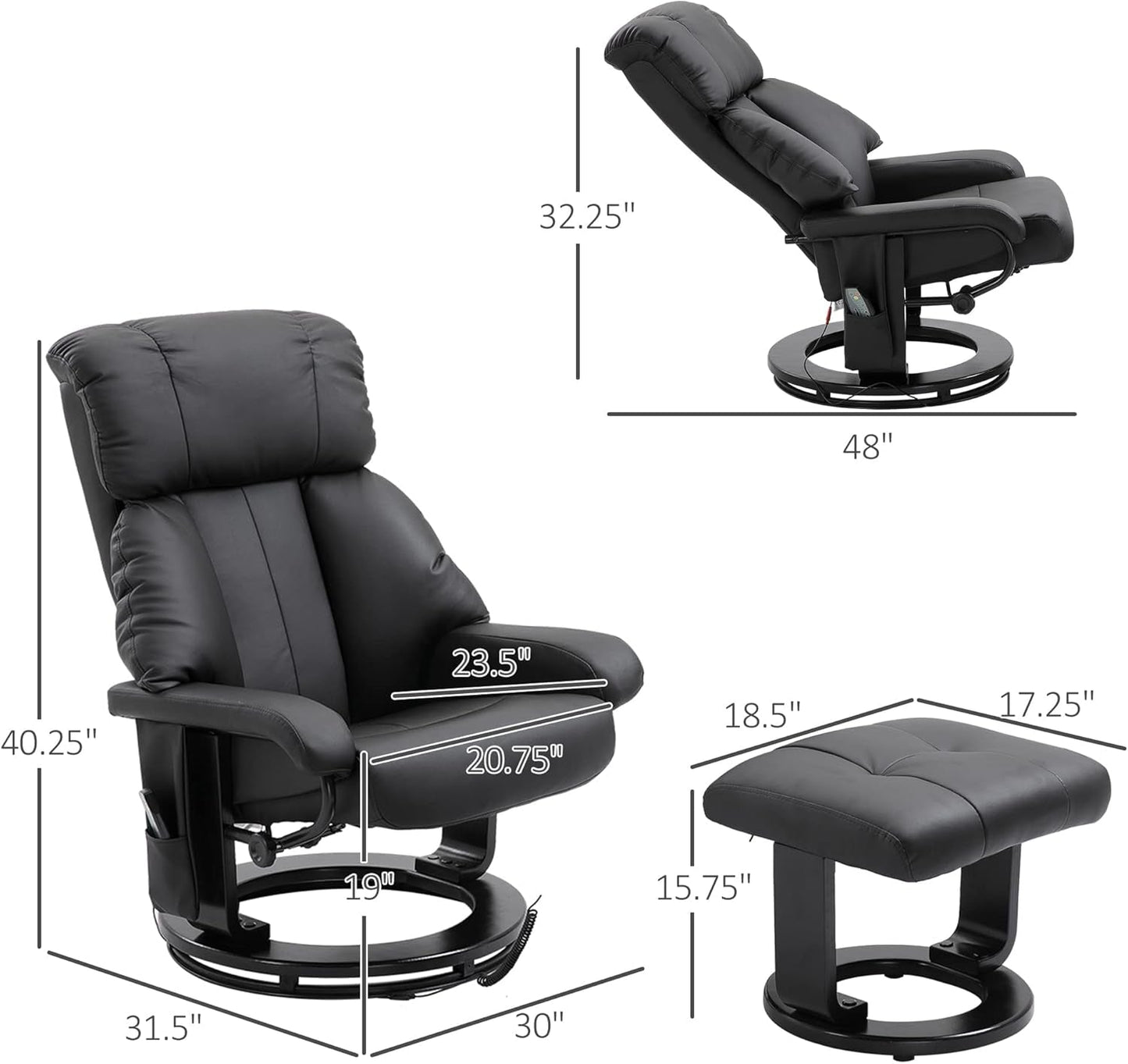 Massage Recliner Chair with Ottoman, 360° Swivel Recliner and Footstool, 10 Point Vibration, PU Leather Reclining Chair with Side Pocket and Remote Control, Black-2