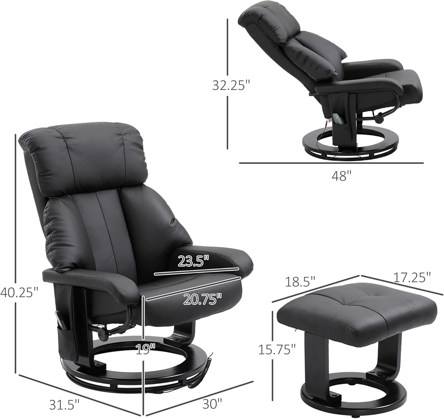 Massage Recliner Chair with Ottoman, 360° Swivel Recliner and Footstool, 10 Point Vibration, PU Leather Reclining Chair with Side Pocket and Remote Control, Black-2
