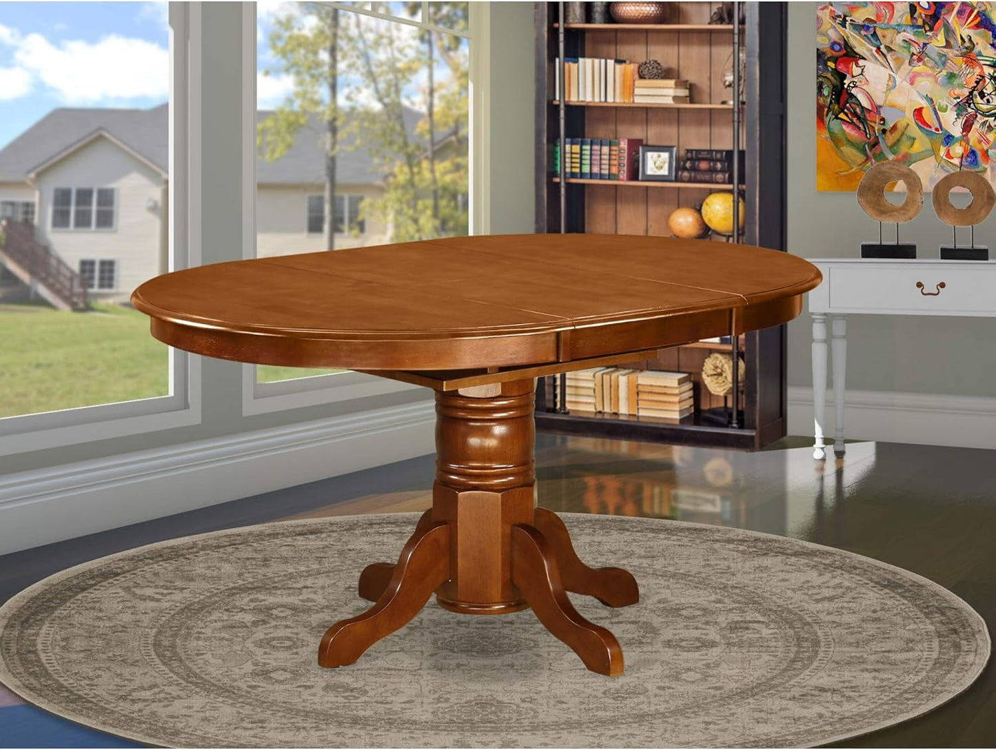 AVT-SBR-TP Avon Kitchen Dining Table - an Oval Wooden Table Top with Butterfly Leaf & Pedestal Base, 42X60 Inch, Saddle Brown-1