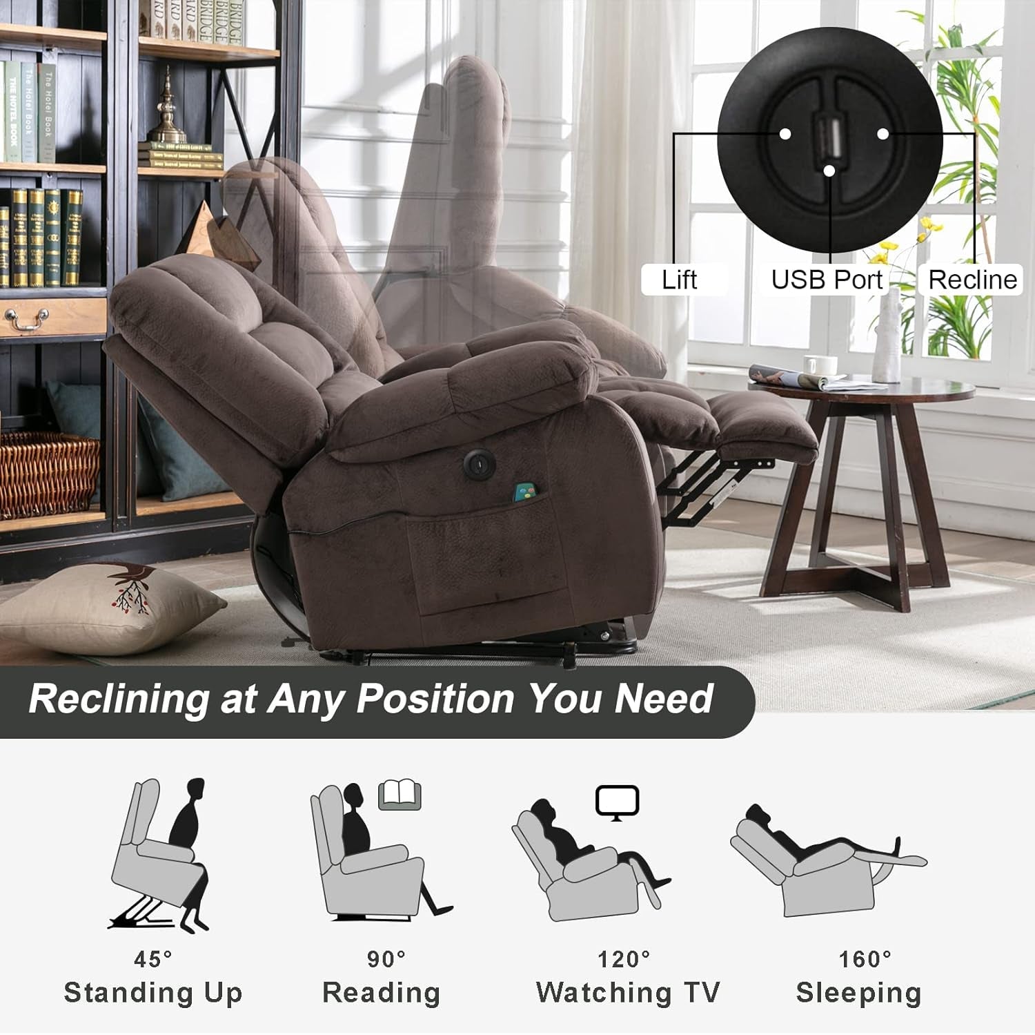 Big Power Lift Recliner Chair Wide Electric Massage Recliners for Elderly Fabric Living Room Overstuffed Reclining Chair for Adults with Heated Vibration, USB Ports, Massage Remote Control Brown-4