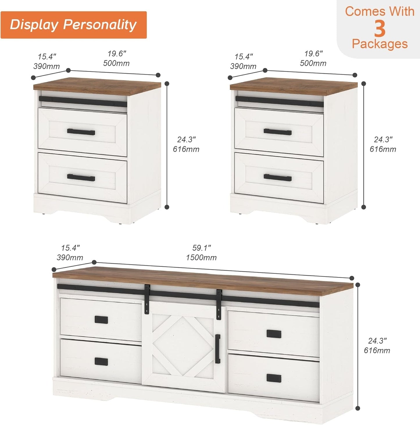 Farmhouse TV Stand with Charging Station and USB Ports for Tvs up to 110" Tvs,3 in 1 Wood Entertainment Center with 10 Drawers and Adjustable Shelves for Living Room,Antique White-1