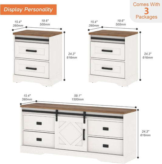 Farmhouse TV Stand with Charging Station and USB Ports for Tvs up to 110" Tvs,3 in 1 Wood Entertainment Center with 10 Drawers and Adjustable Shelves for Living Room,Antique White-1