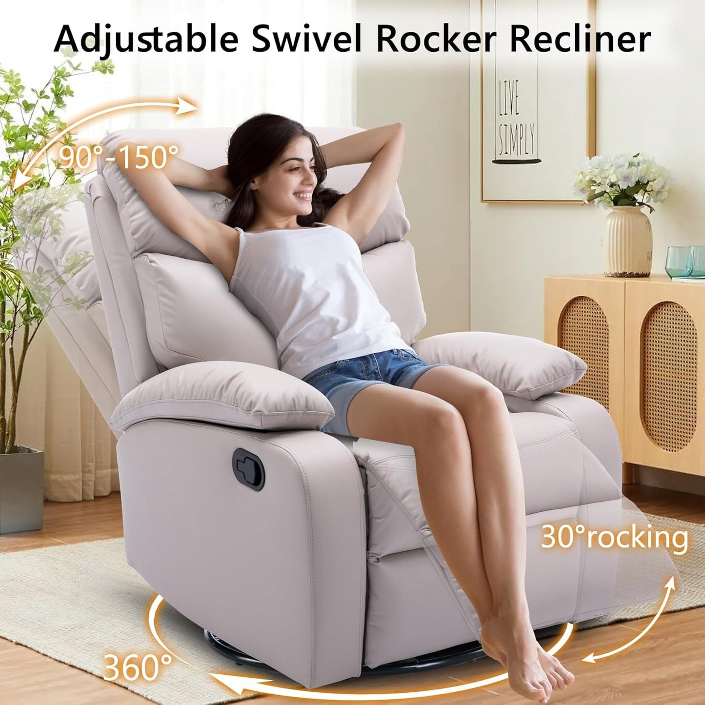 Swivel Rocker Recliner Chair for Adults, Rocking Recliner Chair, Rocker Recliners for Small Spaces, Manual Recliner Lazyboy Single Sofa for Living Room, Nursery, RV, Beige-3