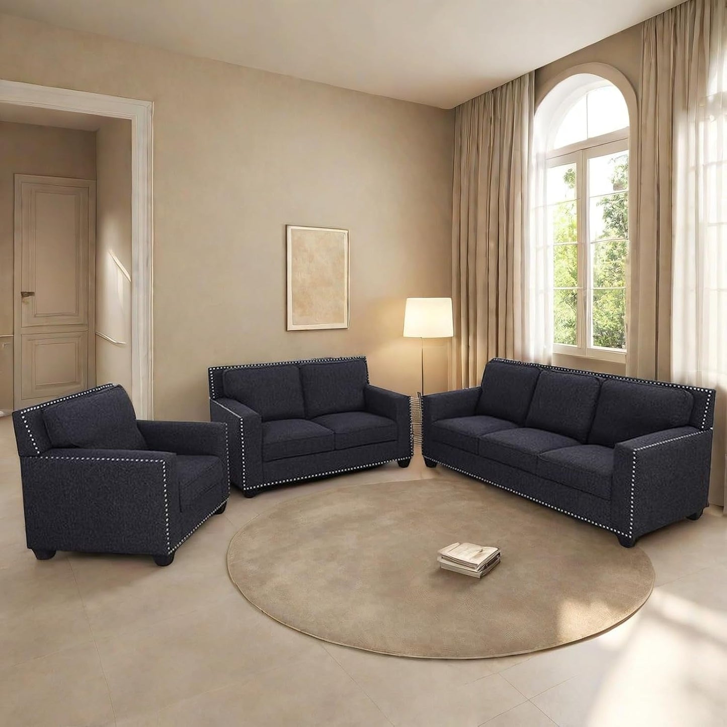 Couches Sofa for Living Room Set 3 Piece Modern Decor Sofa and Loveseat Set with Arms and Nailhead, Includes Loveseat Couch and Armchair-0