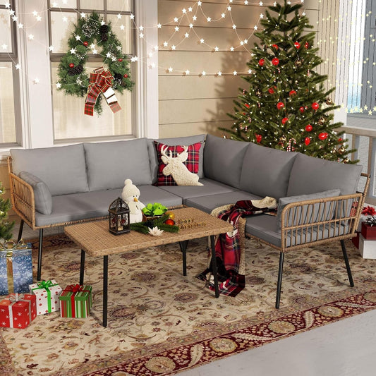 4 Pieces Patio Furniture Set, Outdoor Wicker Conversation Sectional L-Shaped Sofa with 5 Seater for Backyard, Porch, Boho Detachable Lounger with Thickness Cushions and Side Table - Grey-0