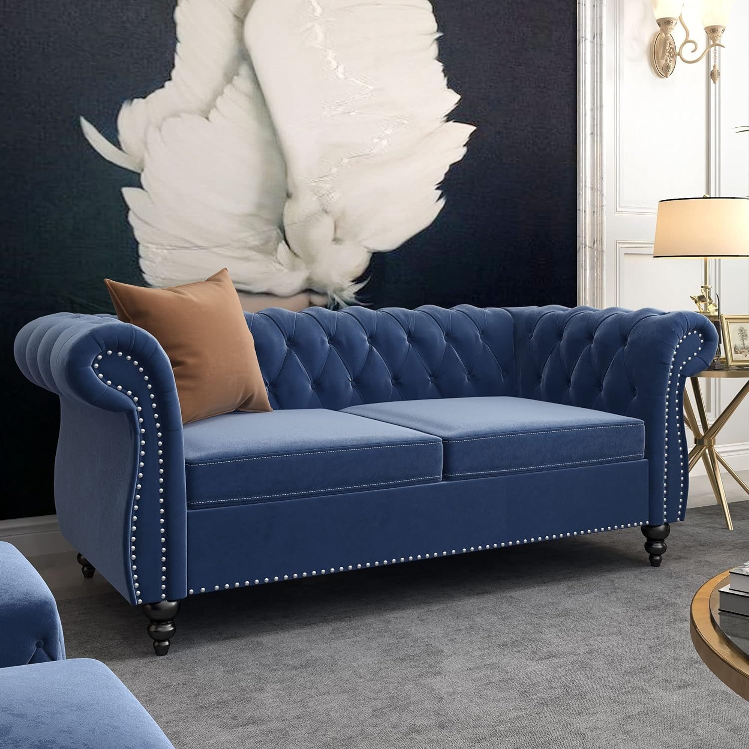 3-Piece Living Room Sectional Sofa Set, Blue Couch Upholstered Sofa Modern Sofa Couches Set Style Button Tufted, Velvet Chesterfield Sofa for Living Room Apartment, 1+2+3 Seat Blue-4