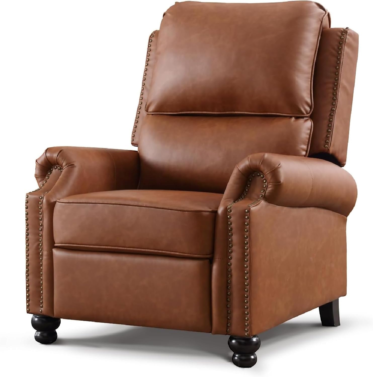 Push Back Recliner Chair, Textured Leather Overstuffed Wingback Recliner, Adjustable Pushback Chair with Padded Seat and Back, Single Reclining Sofa for Living Room, Bedroom(Cognac Brown)-0