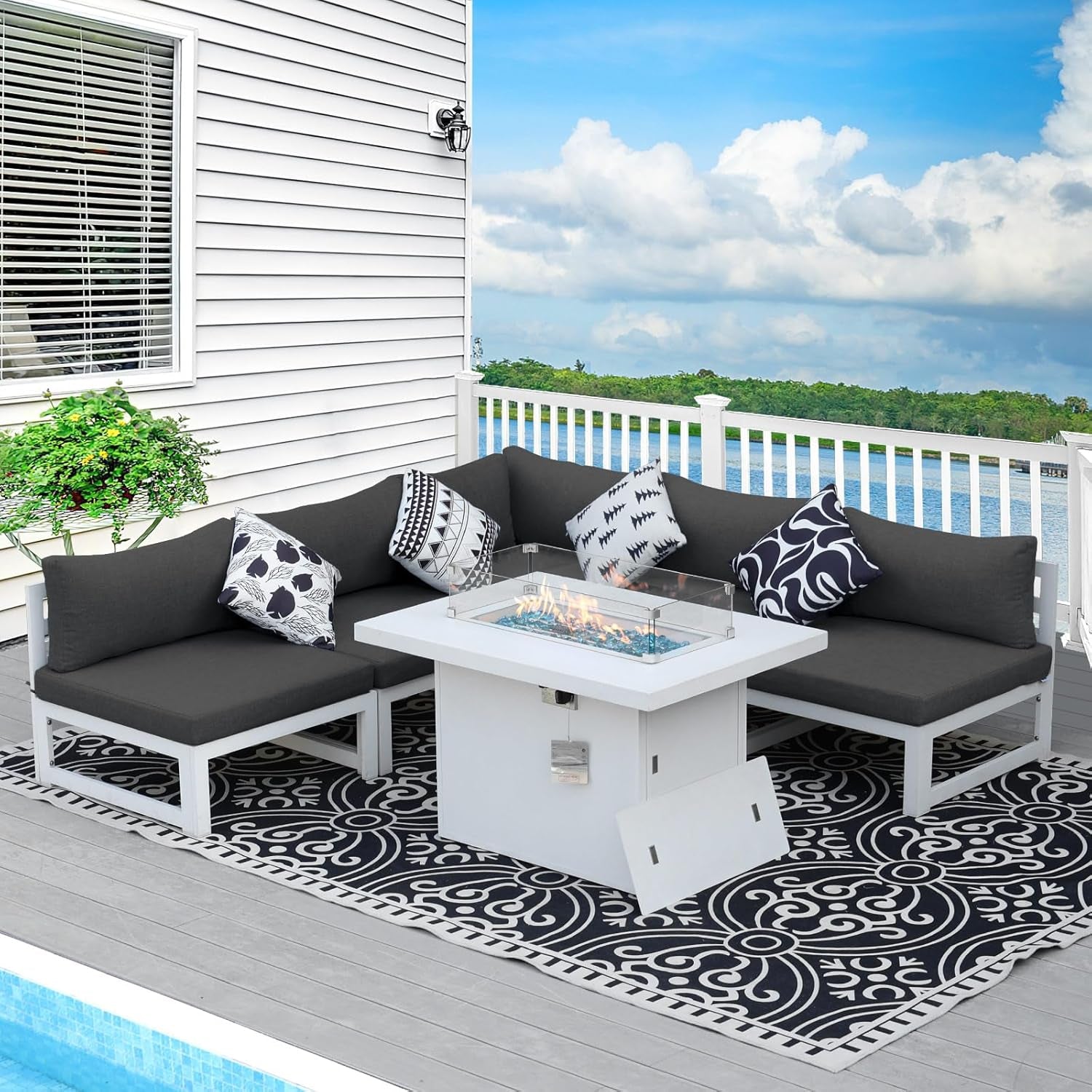 ® Modern Large White Aluminum Outdoor Patio Furniture Set with Propane/Natural Gas Fire Pit Table, 29'' Deep Wide Seating Conversation Sofa L Shaped Sectional Couch Set (6 Pieces, 5 Seats)-0