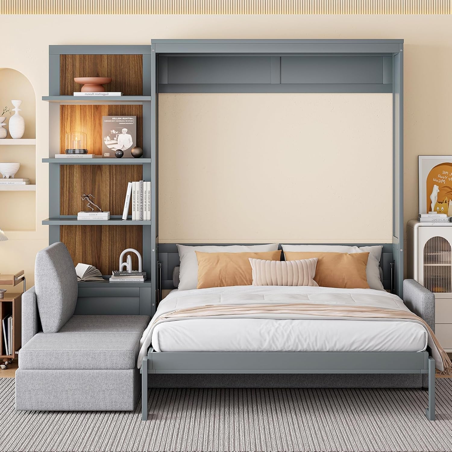 Queen Size Murphy Bed with Sofa and Shelves Gray-3