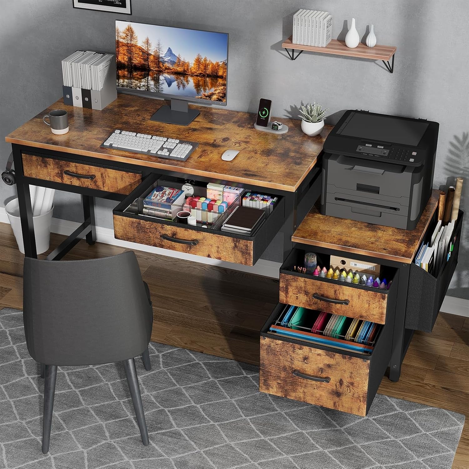 Computer Desk with Fabric File Drawers Cabinet, 57 Inch Home Office Desks with Filing Cabinet Printer Stand for Small Space, Study Writing Table PC Desks for Bedroom, Brown-1