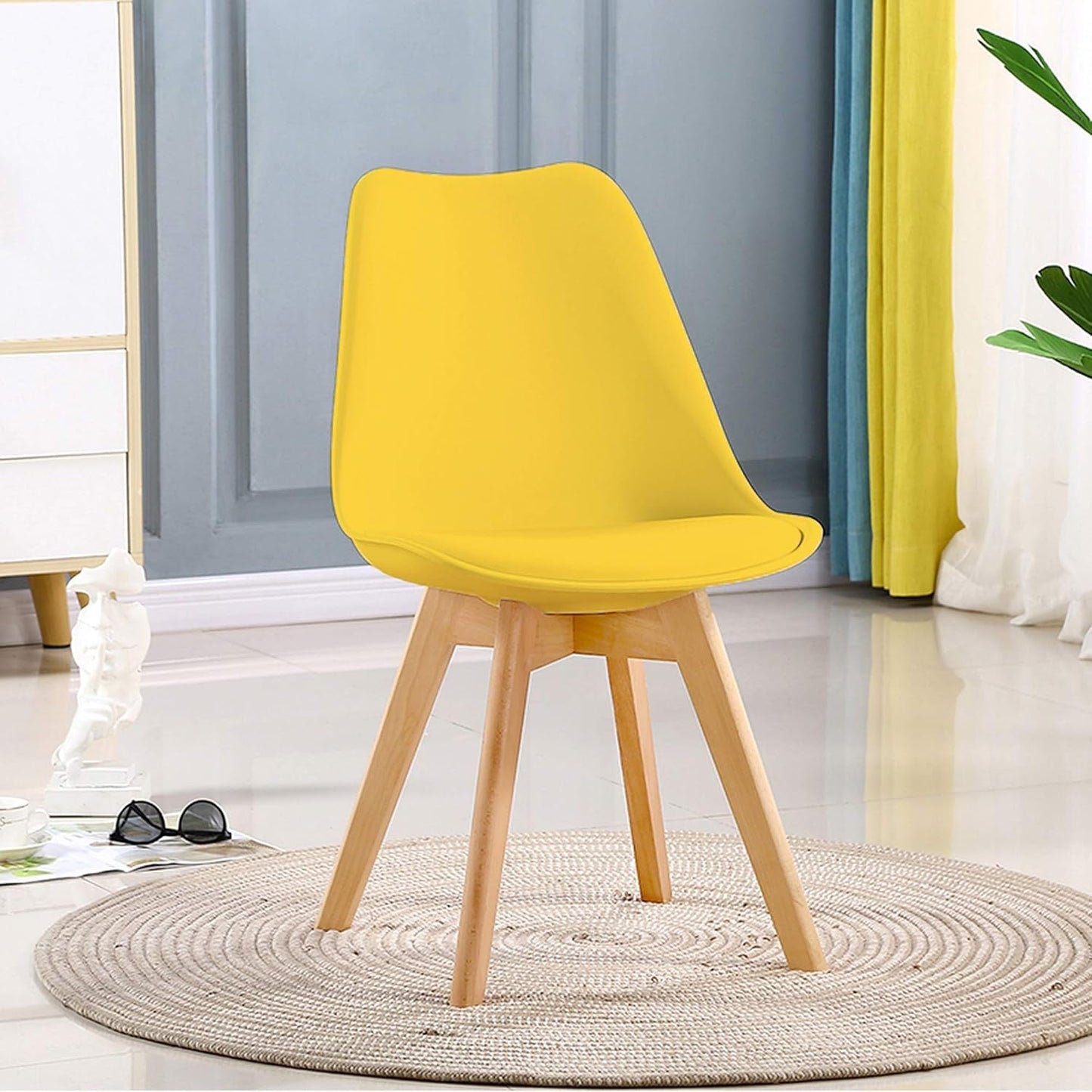 Modern Style Chair Dining, Shell Lounge Plastic Chair with Chairs Natural Wood Legs (Set of 2 Yellow)-1