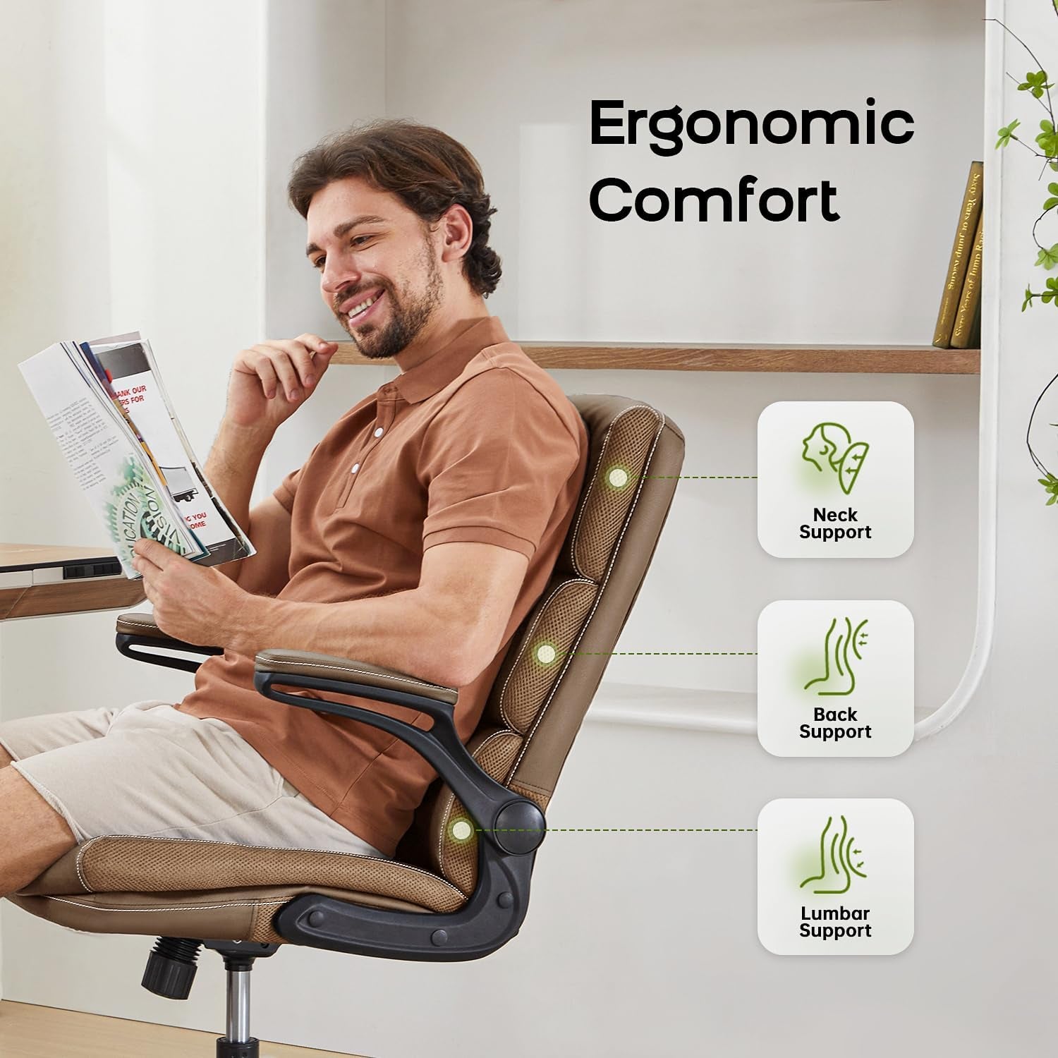 Office Chair Adjustable Desk Chair Mid Back Executive Comfortable Bonded Leather Ergonomic Back Support Home Computer Chair with Padded Flip-Up Armrest Swivel Wheels (Tan)-2