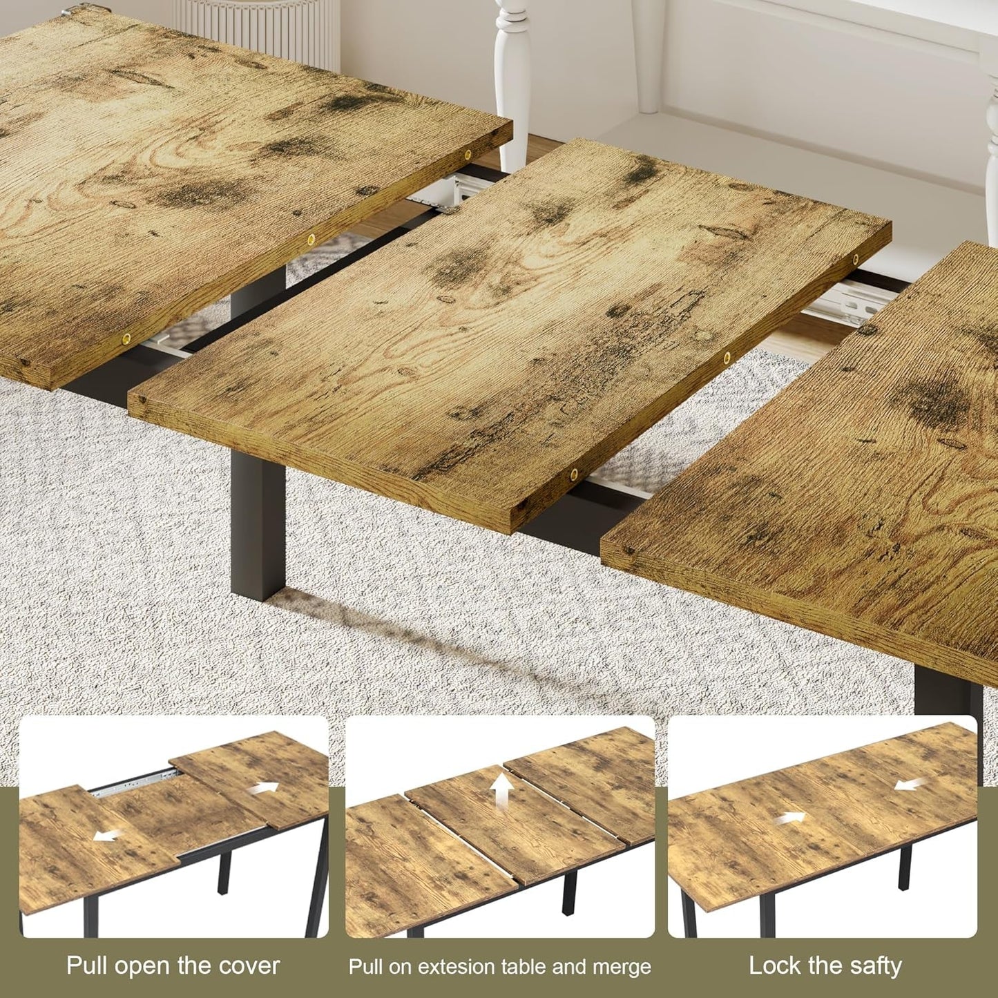 63" Extendable Dining Table, Modern Farmhouse Dining Room Table for 4-8, Wooden Kitchen Table for Small Space, Dining Room, Home Office, Living Room Furniture, Rustic Brown-3